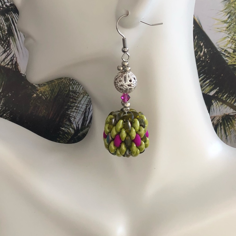 Silver and Beaded Sphere Drop Earrings